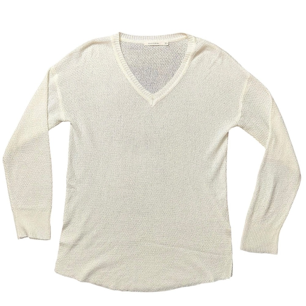 Ellison Womens Cream Open Knit V-Neck Sweater Sheer Metallic Long Sleeve Small